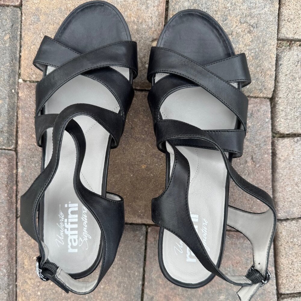 Umberto Raffini Signature Black Leather Wedge Sandals – Size 39 (US 8)